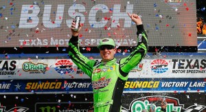 FORT WORTH, TX - APRIL 08: Kyle Busch, driver of the #18 Interstate Batteries Toyota, celebrates in Victory Lane after winning the Monster Energy NASCAR Cup Series O'Reilly Auto Parts 500 at Texas Motor Speedway on April 8, 2018 in Fort Worth, Texas. (Photo by Jonathan Ferrey/Getty Images)